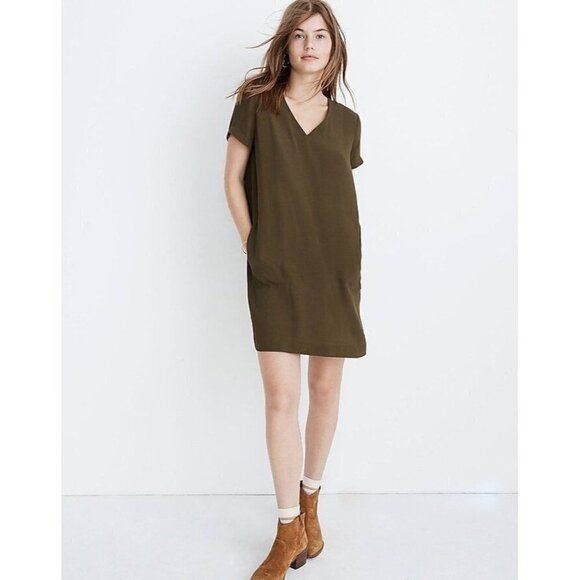 Madewell Button-Back Easy V-Neck Short Sleeves Dress Pockets Brown Women Size XS - Picture 1 of 16